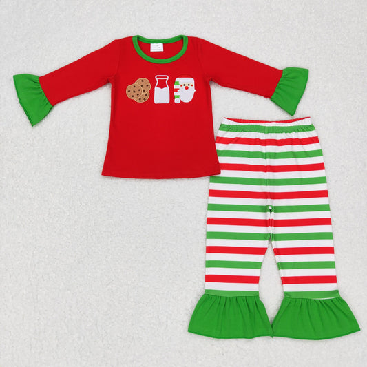 GLP0726 Baby Girl Long Sleeves Embroidery Christmas Santa Cookie Stripes Pants Outfit Pajamas