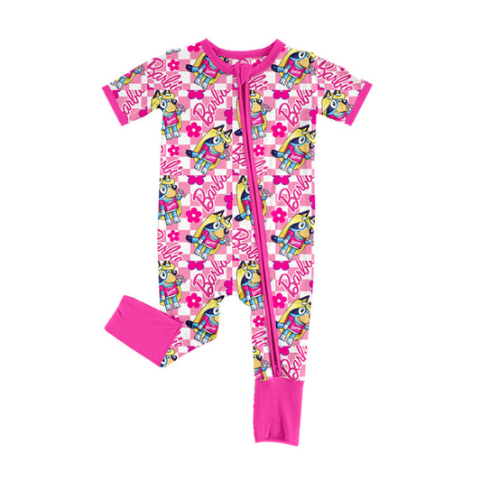 Baby Girl Short Sleeves Doll Flower Dogs Zipper Romper Moq 5