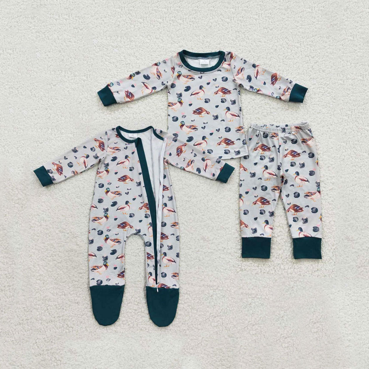 Sibling Promotion Boys Kids Long Sleeves Ducks Footie Zipper Romper Pajamas Set RTS