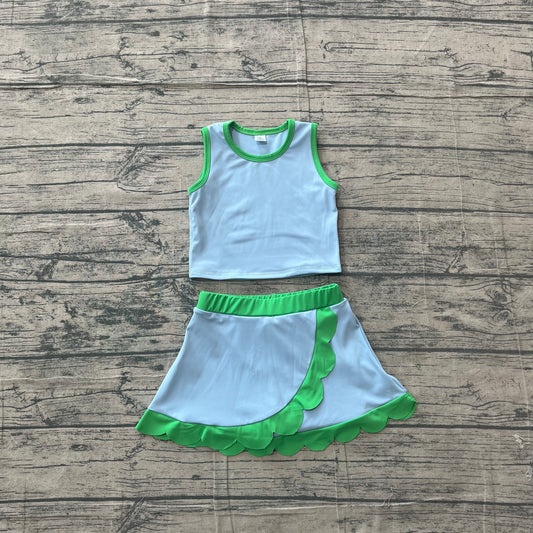 ( No moq ) Preorder Baby Girls Kids Shirt Scallop Skirt Shorts Yoga Active Blue Green Set Clothes