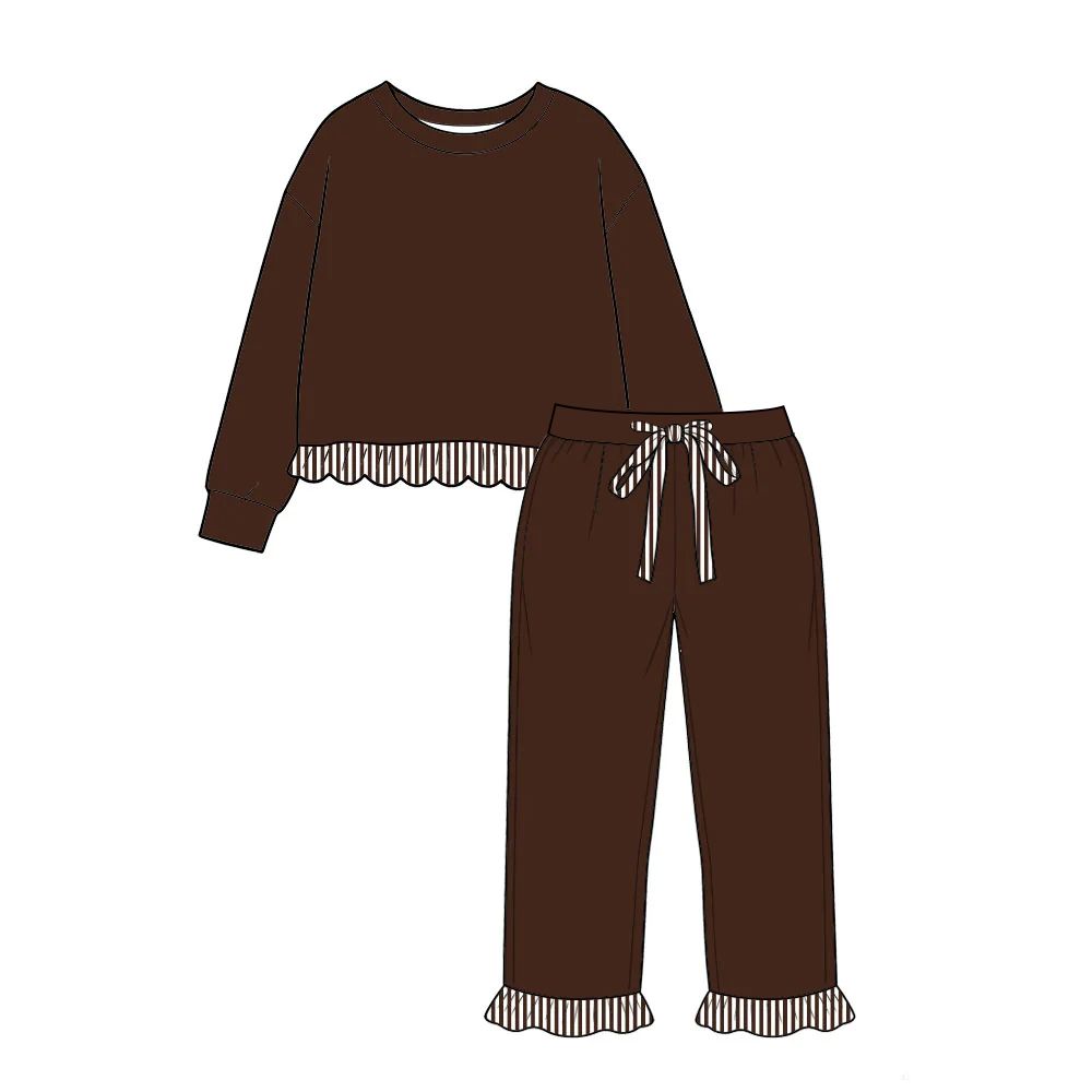 ( Moq 5 ) Preorder Baby Girls Kids Stripes Ruffle Shirt Dark Brown Pants Cotton Set Clothes