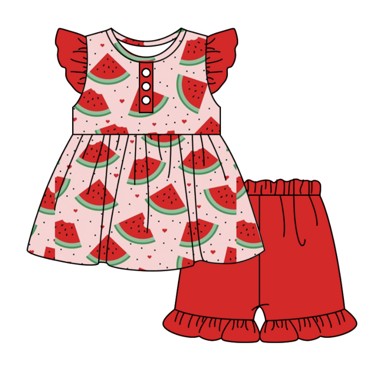 Baby Girl Short Sleeves Watermelon Hearts Sibling Romper Dress Clothes Set ( Moq 5 Each Design )