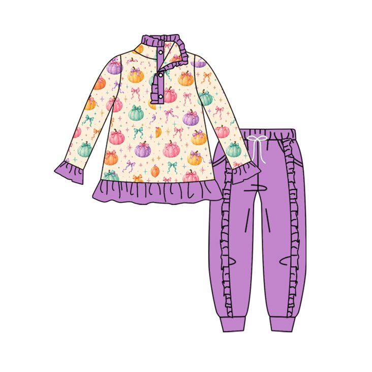 ( Moq 5 ) Preorder Baby Girls Kids Pumpkins Bows Buttons Pullover Purple Pockets Pants Fall Set Clothes
