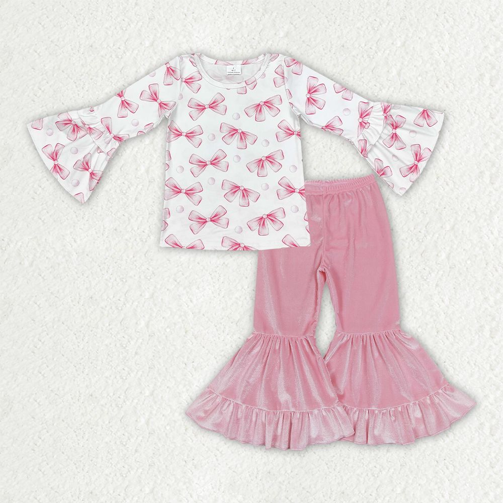 Baby Girls Kids Long Sleeves Bows Shirt Pink Velvet Pants Clothes Set RTS