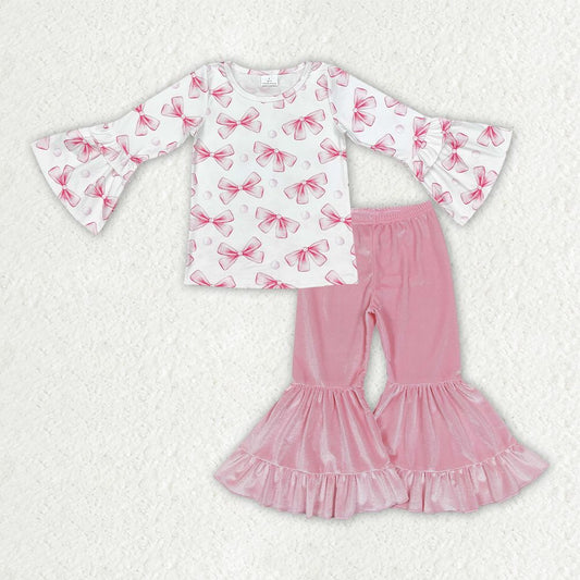 Baby Girls Kids Long Sleeves Bows Shirt Pink Velvet Pants Clothes Set RTS