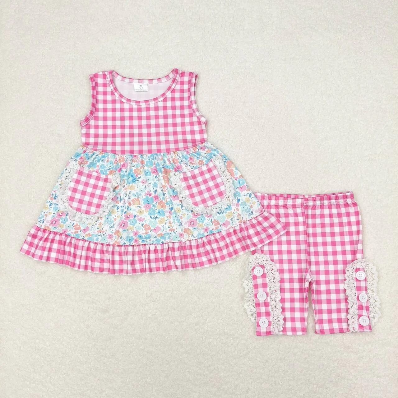 Baby Girl Sleeveless Floral Pocket Tops Pink Plaid Shorts Summer Set