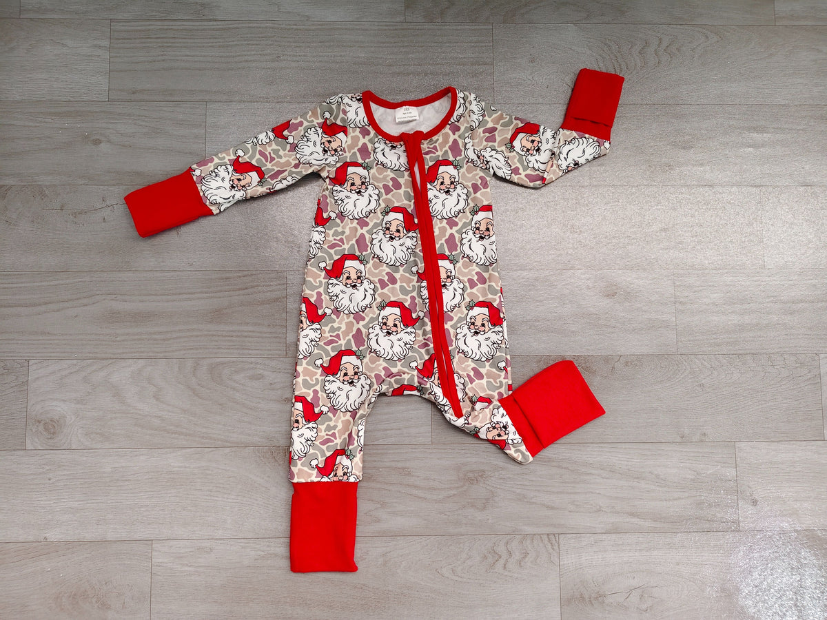 ( No moq ) Preorder Baby Boys Kids Santa Camo Print Christmas Zipper Footie Sleeper Romper Clothes