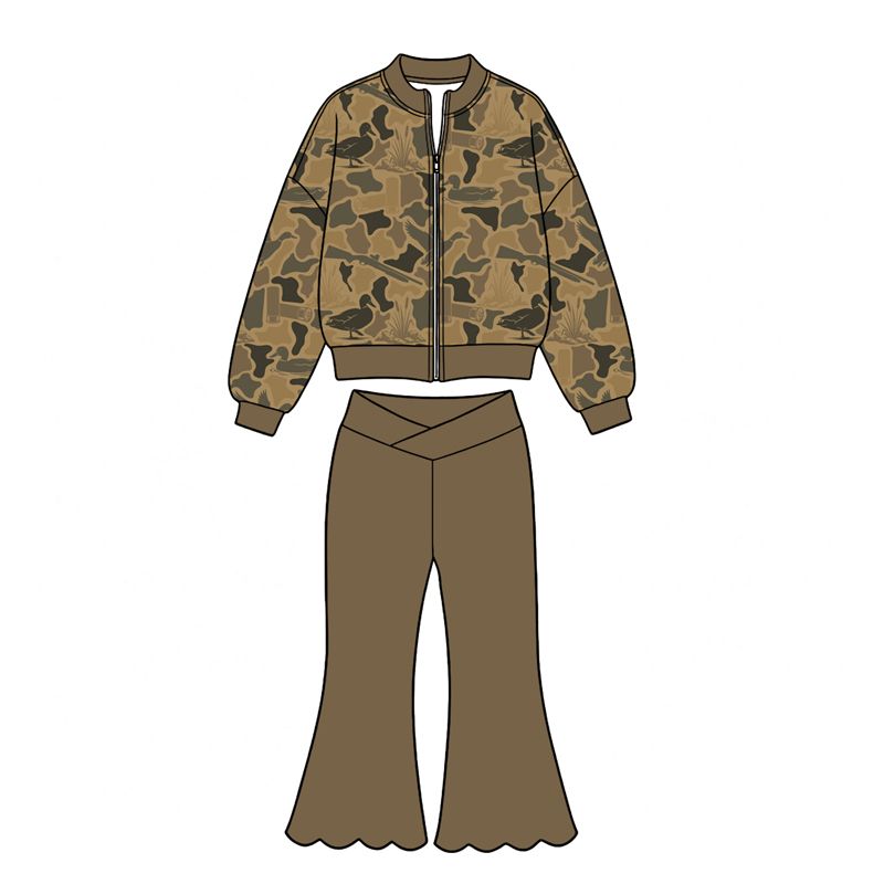 ( Moq 5 ) Preorder Baby Girls Kids Camo Ducks Zipper Tops Scallop Pants Hunting Set Yoga Active Clothes