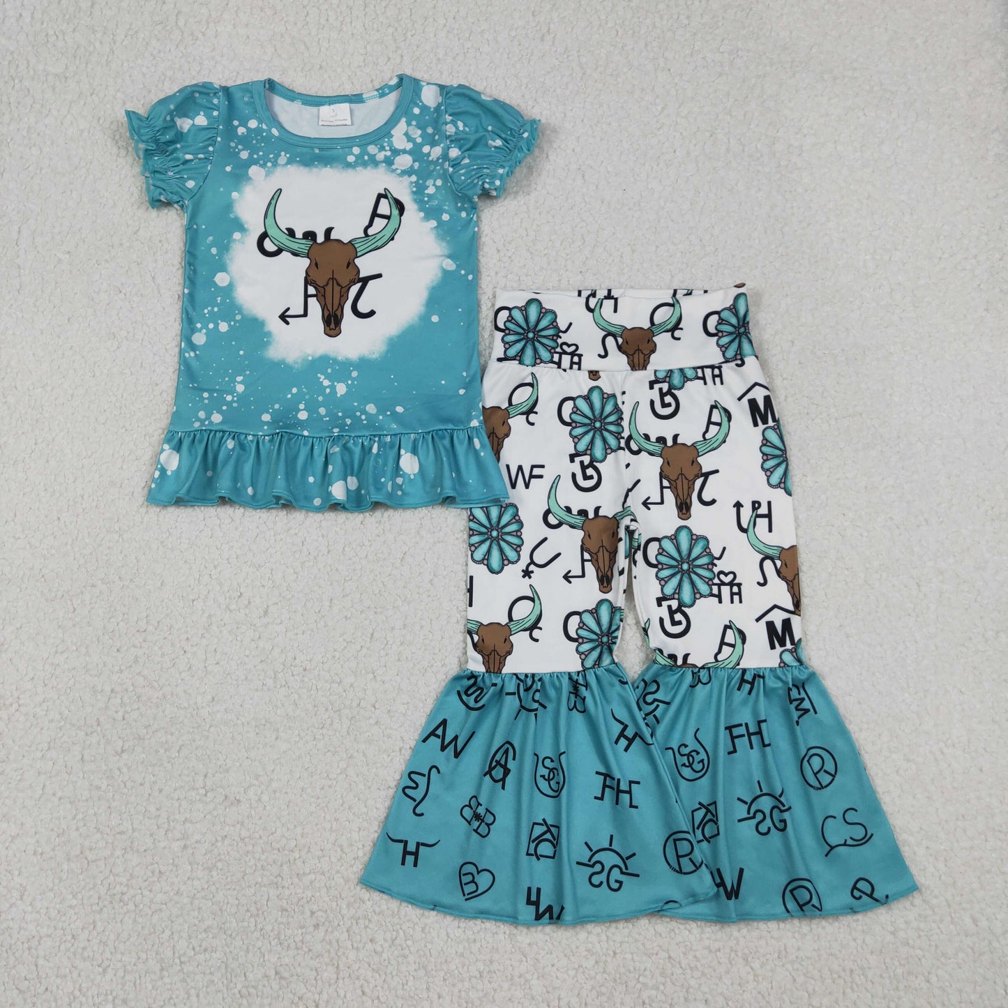 Baby Girls Kids Green Short Sleeves Shirt Western Cow Bell Pants Set RTS