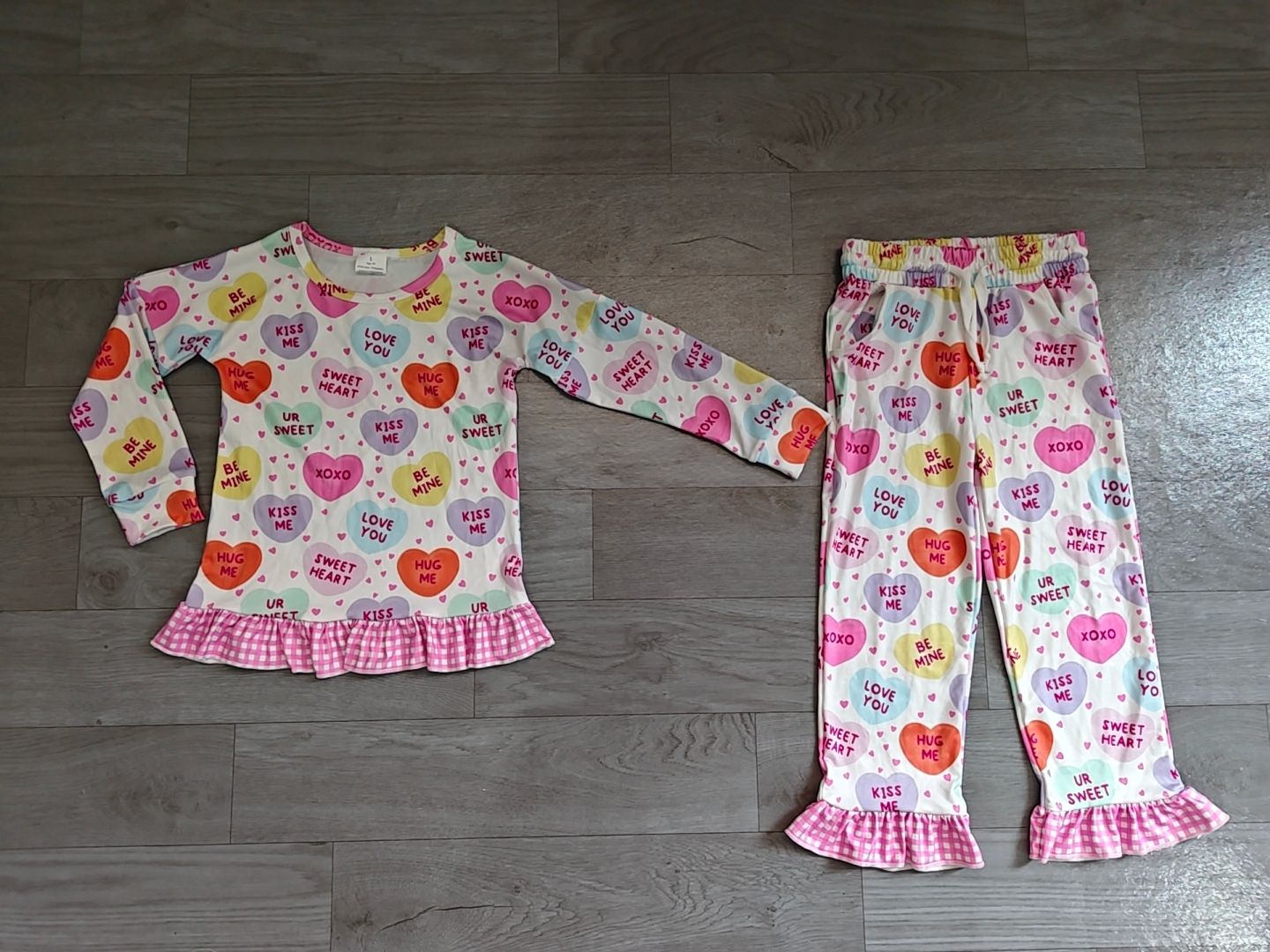( No moq ) Preorder Baby Girls Kids Long Sleeves Hearts Shirt Pockets Pants Valentine Set Clothes