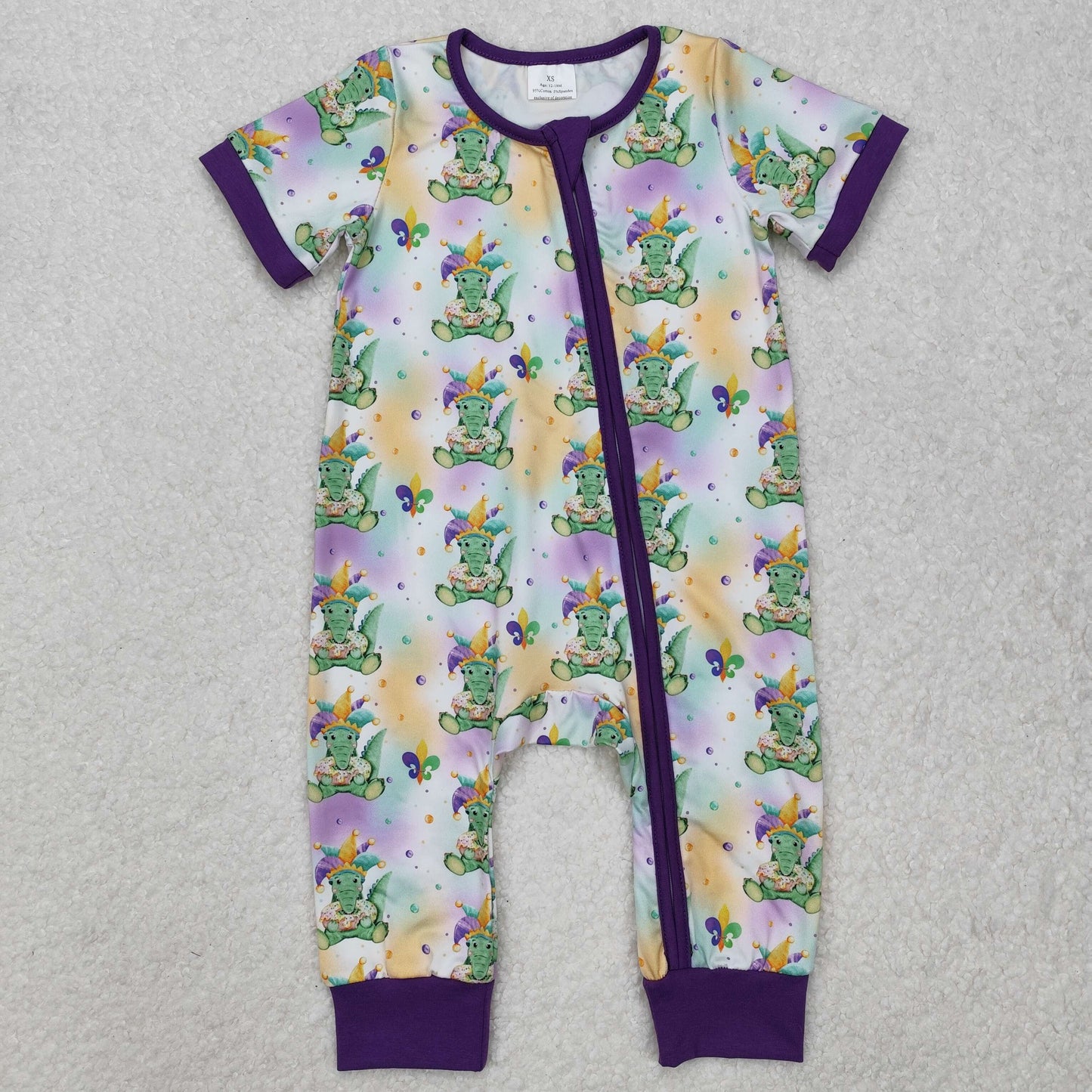 RTS Baby Girl Infant Short Sleeves Mardi Gras Zipper Romper