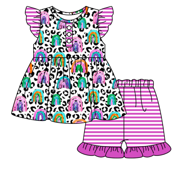 Baby Girl Leopard Rainbow Sibling Romper Dress Clothes Set ( Moq 5 Each Design )