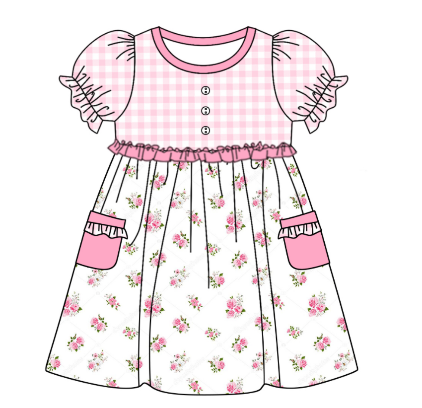 Baby Girl Short Sleeves Flower Plaid Pink Sibling Romper Dress Clothes Set ( Moq 5 Each Design )