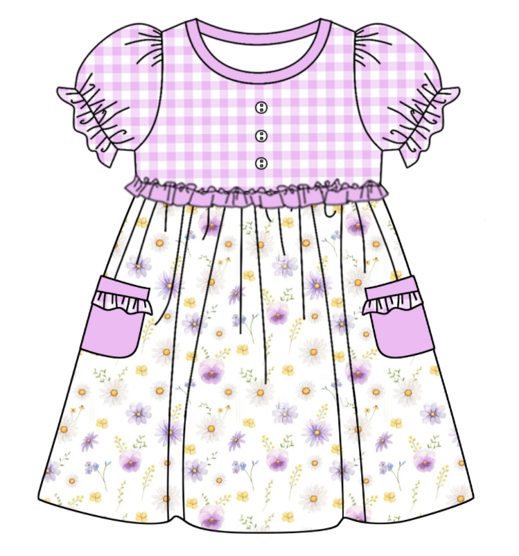 Baby Girl Short Sleeves Flower Plaid Purple Sibling Romper Dress Clothes Set ( Moq 5 Each Design )