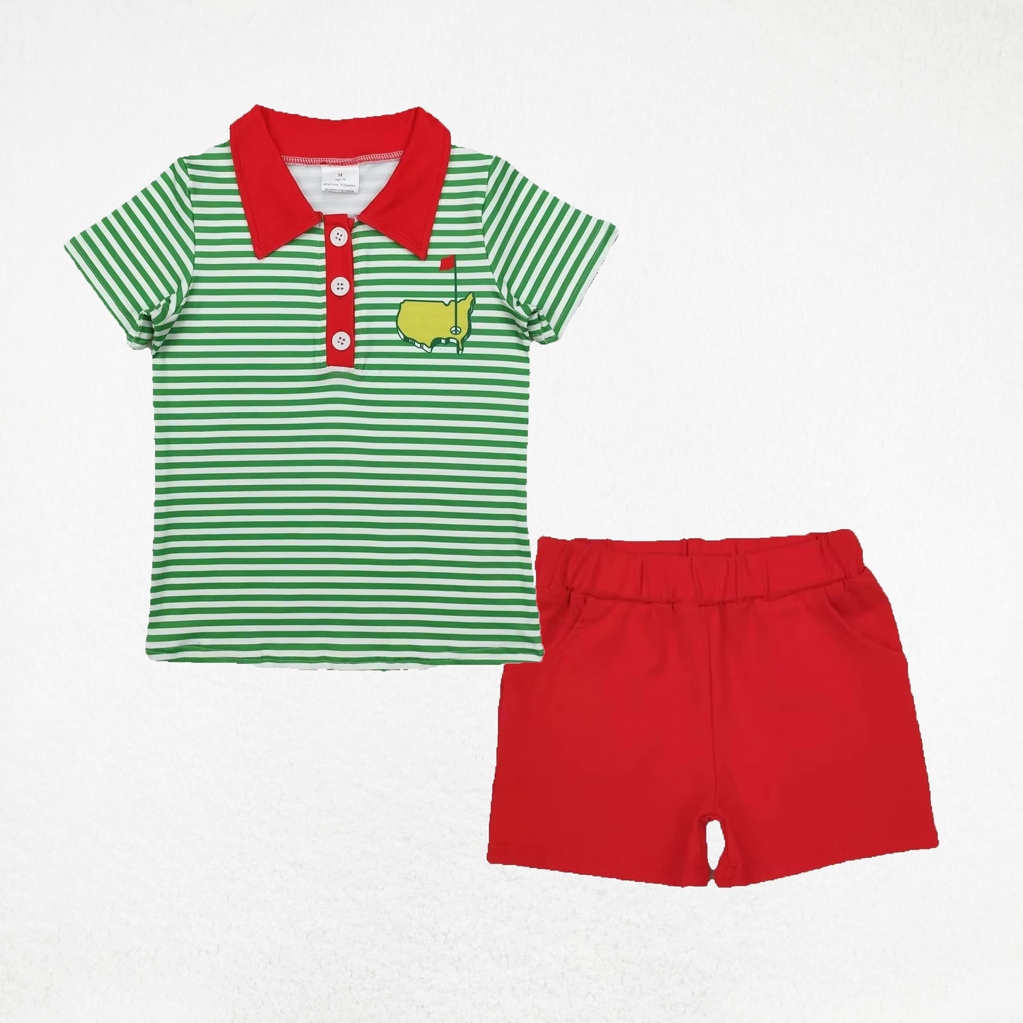 Baby Boy Short Sleeves Golf Flag Green Stripes Buttons Shirt Red Pocket Shorts Set