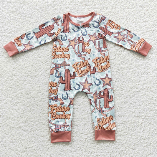 LR0307 Baby Girl Western Cactus Long Sleeves Zipper Romper