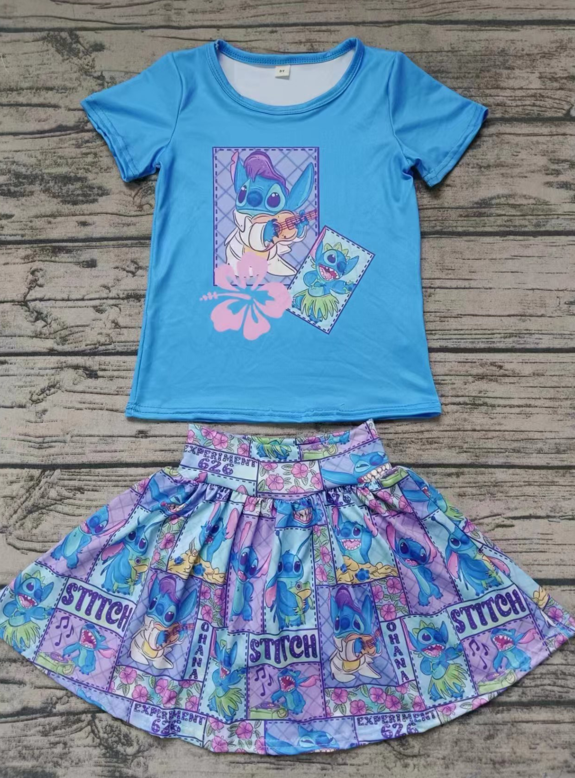 Baby Girl Short Sleeves Blue Shirt Flower Cartoon Skirt Set