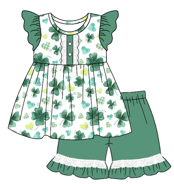 Baby Boy Girl Short Sleeves St. Patrick's Day Leaf Heart Sibling Matching Dress Romper Blue Clothes Set Moq 5 Each style