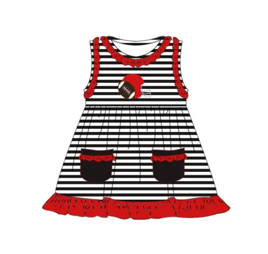 Moq 5 Baby Girl Sleeveless Football Stripes Pocket Red Ruffle Dress