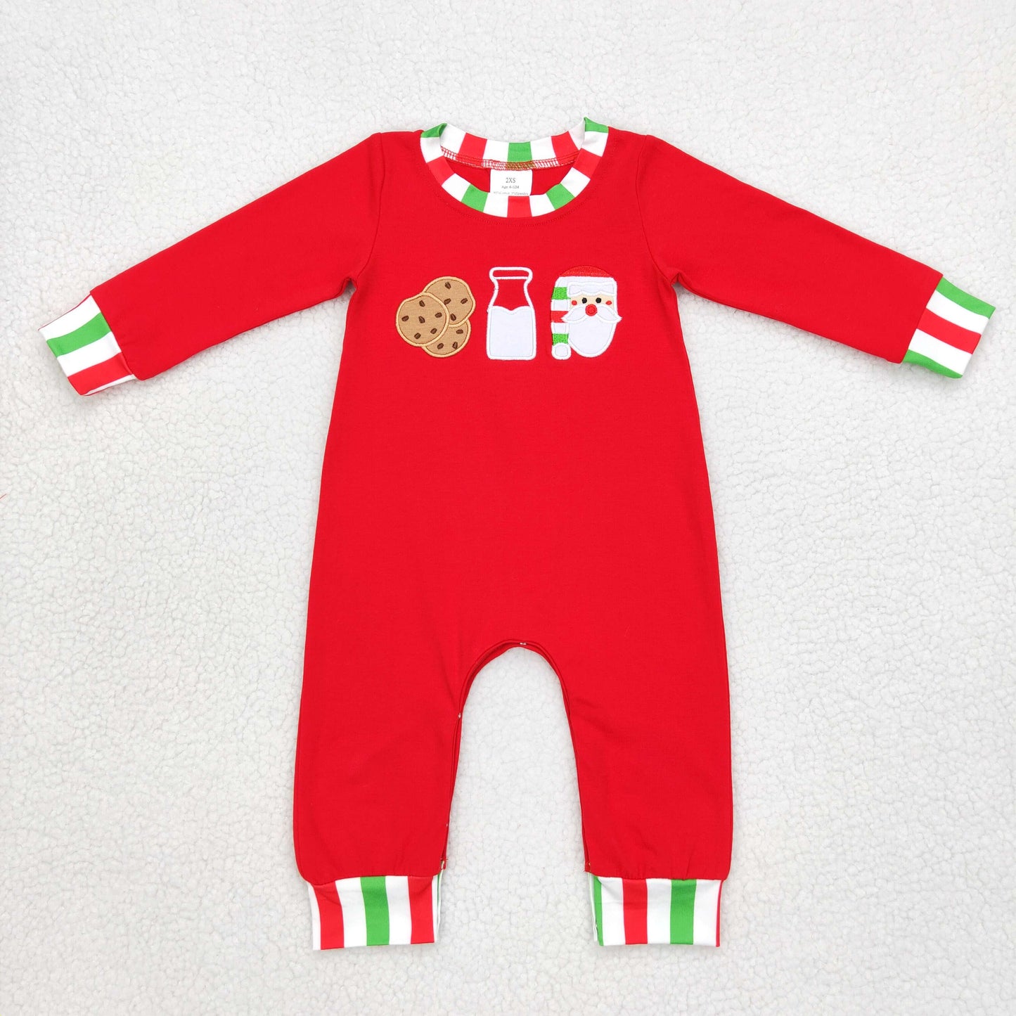 LR0629 Baby Boy Long Sleeves Christmas Embroidery Santa Cookie One Piece Romper