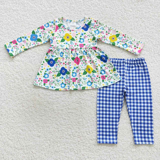 GLP0580 Baby Girl Floral Long Sleeves Tunic Plaid Pants Outfit