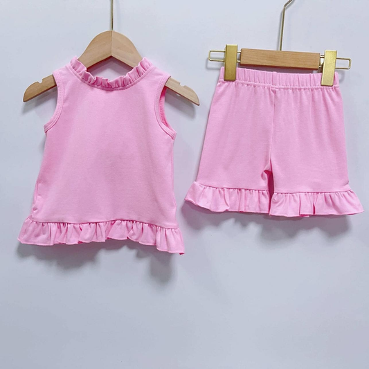 Moq 3 Pre-order GSSO0518 Baby Girl Sleeveless Cotton Open Back Tops Shorts Pink Set