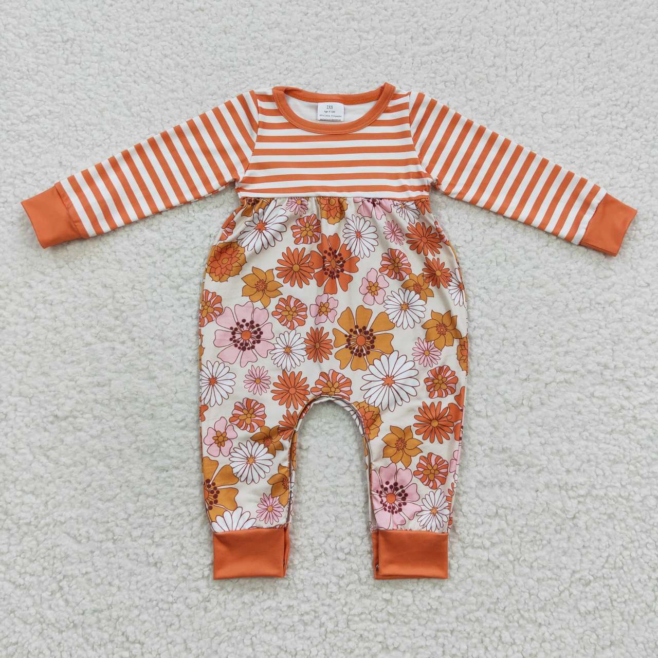 LR0323 Baby Girl Long Sleeves Floral Striped One Piece Romper