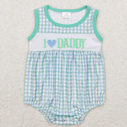 SR0714 Baby Boy Embroidery I Love Daddy Plaid Romper