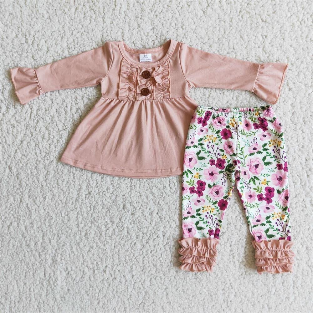 6 A4-13 Baby Girl Long Sleeves Pink Cotton Tunic Floral Ruffle Pants Flower Outfit