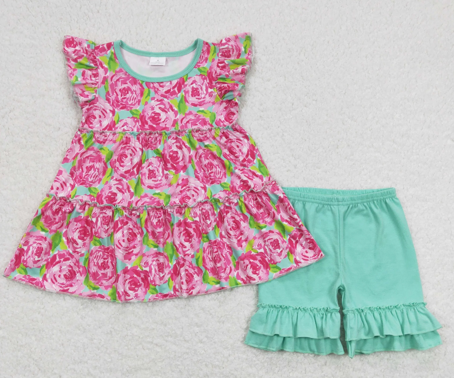 GSSO0615 Baby Girl Short Sleeves Floral Tunic Green Cotton Ruffle Shorts Set