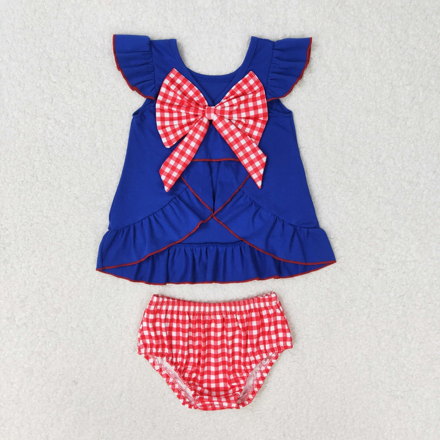 Baby Girl Embroidery Flags Blue Tops Bummies Red Plaid Shorts July 4th Set