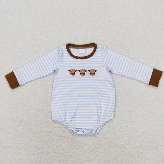 LR0724 Baby Boy Embroidery Cow Stripes Long Sleeves Romper