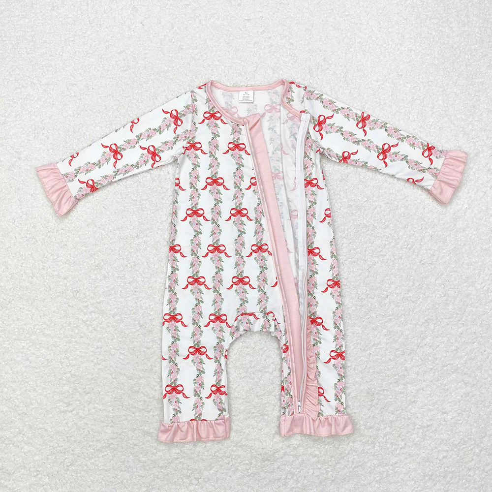 Baby Girl Christmas Bows Long Sleeves Bamboo Zipper Romper