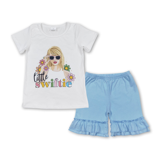 GSSO1393 Baby Girl Singer Flower Shirt Blue Shorts Summer Set