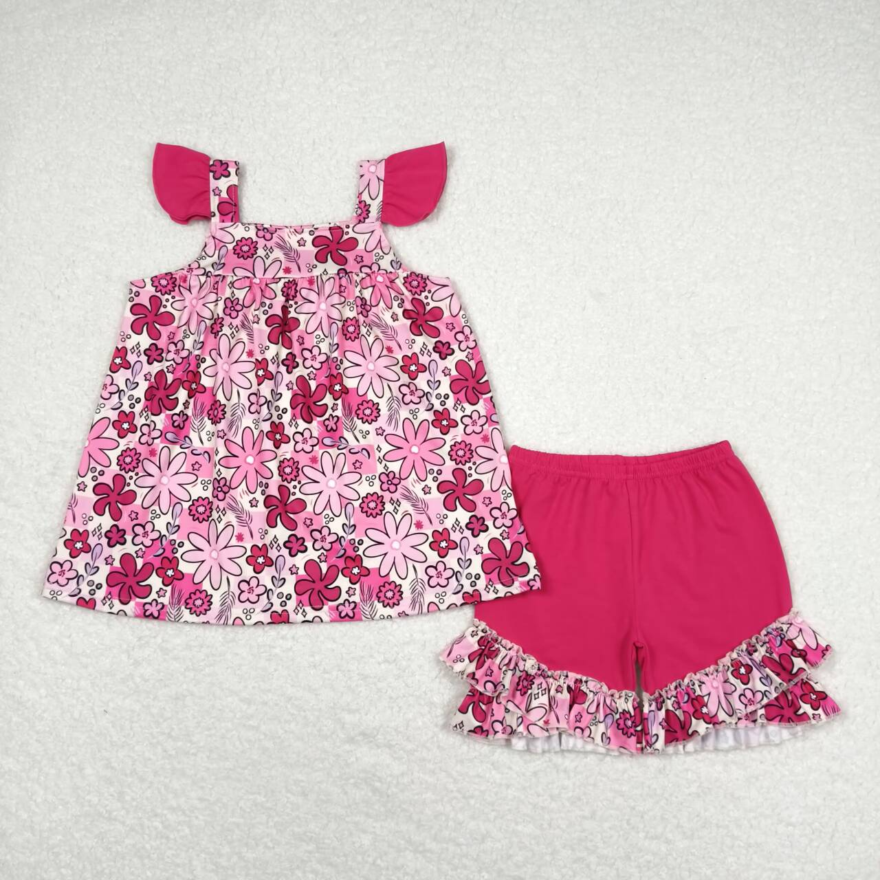 Baby Girl Short Sleeves Floral Tunic Ruffle Pink Shorts Summer Set