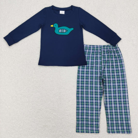 BLP0440 Baby Boy Long Sleeves Embroidery Duck Shirt Plaid Pants Set