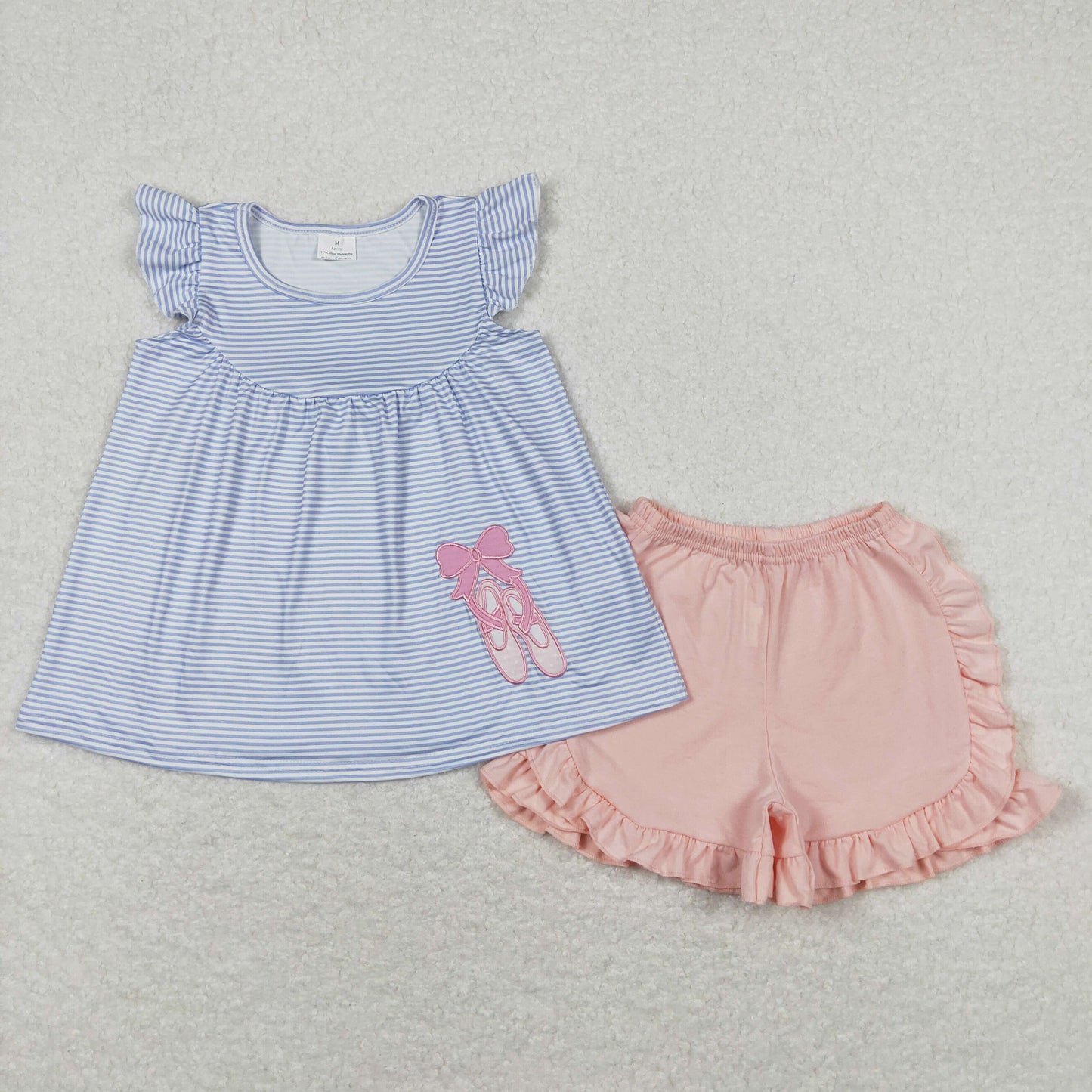 Baby Girl Short Sleeves Embroidery Shoes Stripes Tops Cotton Shorts Set