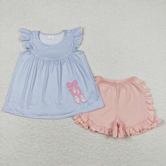 Baby Girl Short Sleeves Embroidery Shoes Stripes Tops Cotton Shorts Set
