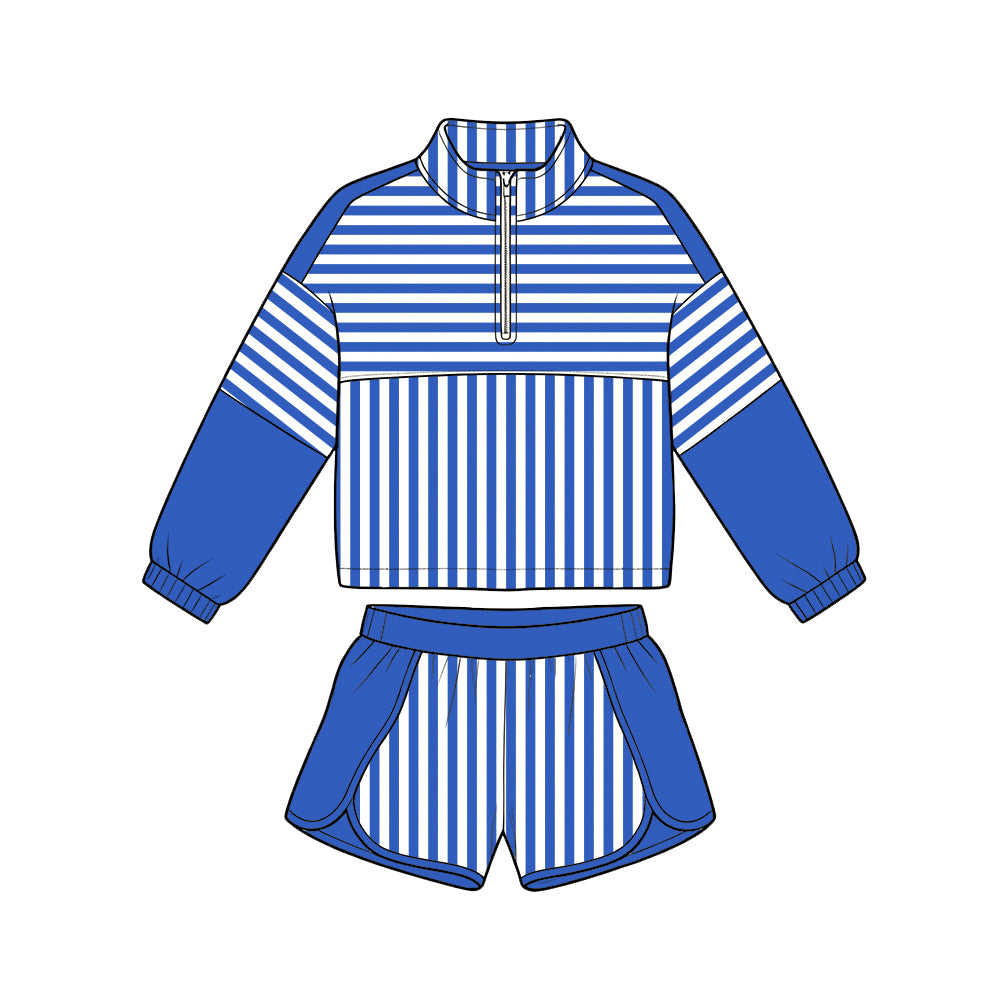 ( Moq 5 ) Baby Girls Kids Long Sleeves Zipper Pullover Stripes Shorts Team Set Clothes