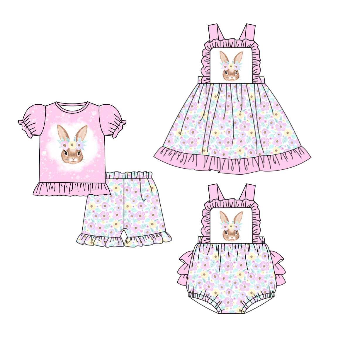 Baby Girl Easter Rabbit Flower Sibling Romper Clothes Set ( Moq 5 Each Design )11.21