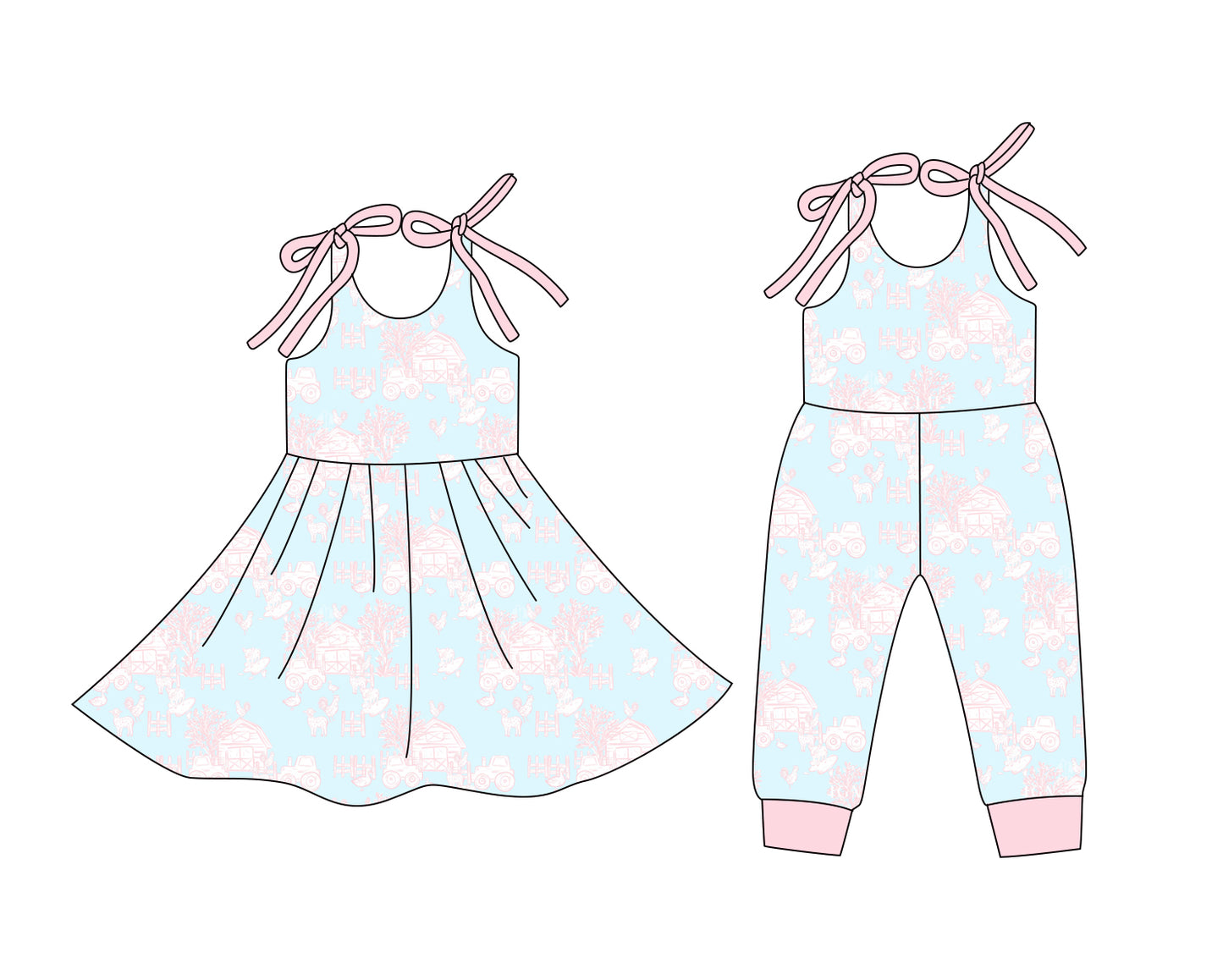 ( Moq 5 Each Style ) Baby Girls Kids Stripes Farm Animals Sibling Summer Romper Dress