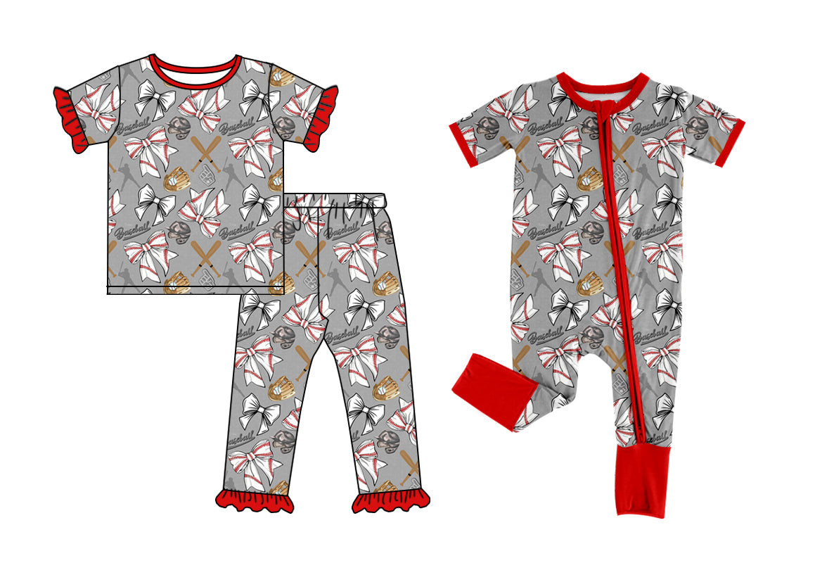 Baby Girl Short Sleeves Baseball Bows Sibling Romper Clothes Set ( Moq 5 Each Design )11.30