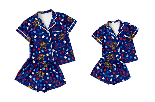 ( Moq 5 Each Style ) Baby Girl Adult Women Stars 4th of July Shirt Shorts Sibling Mommy And Me Family Pajamas Sets
