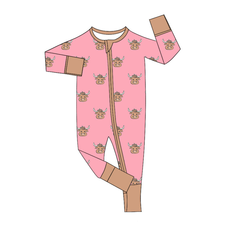 Baby Girl Infant Long Sleeves Western Cow Zipper Pink Romper