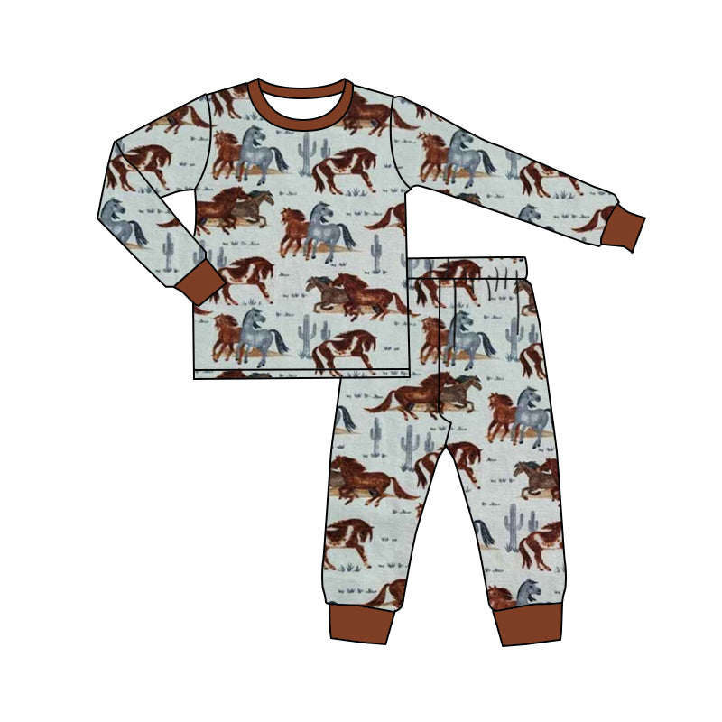 Baby Boy Long Sleeves Western Horse Cactus Shirt Pants Pajamas Set