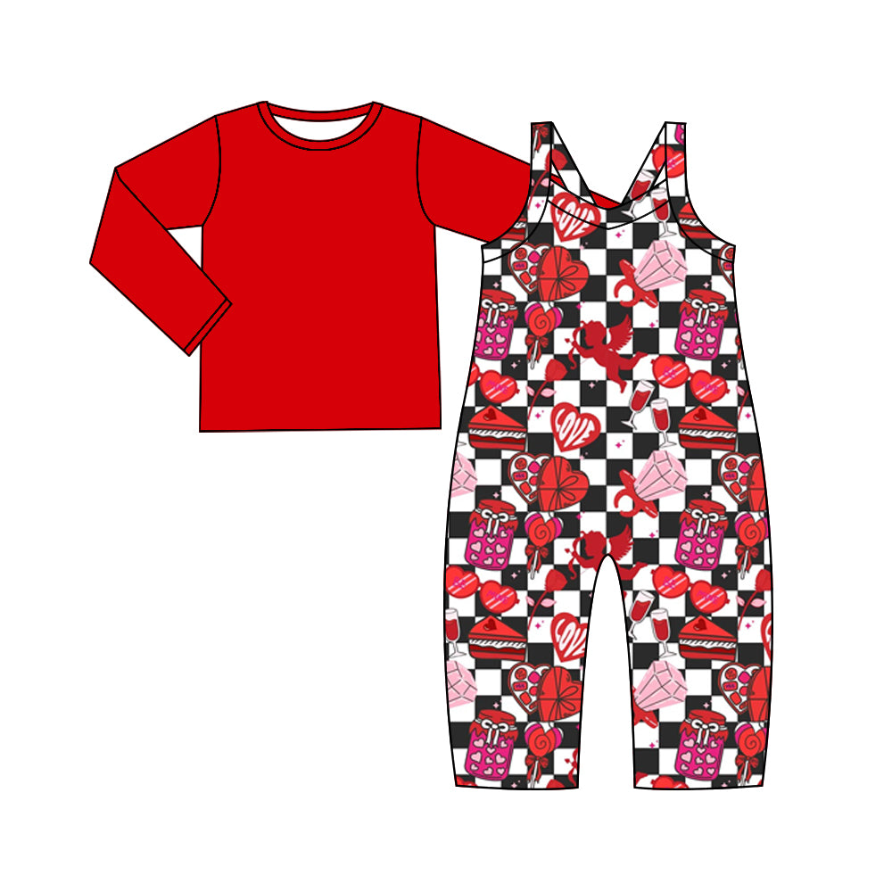 Baby Girl Toddler Long Sleeves Red Shirt Valentine Hearts Plaid Jumpsuit Set