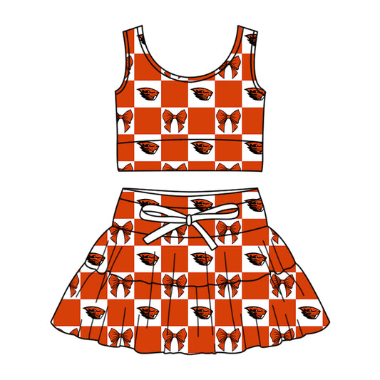 ( Moq 5 ) Baby Girls Kids Sleeveless Bows Checked Tops Shorts Skirt Team Set