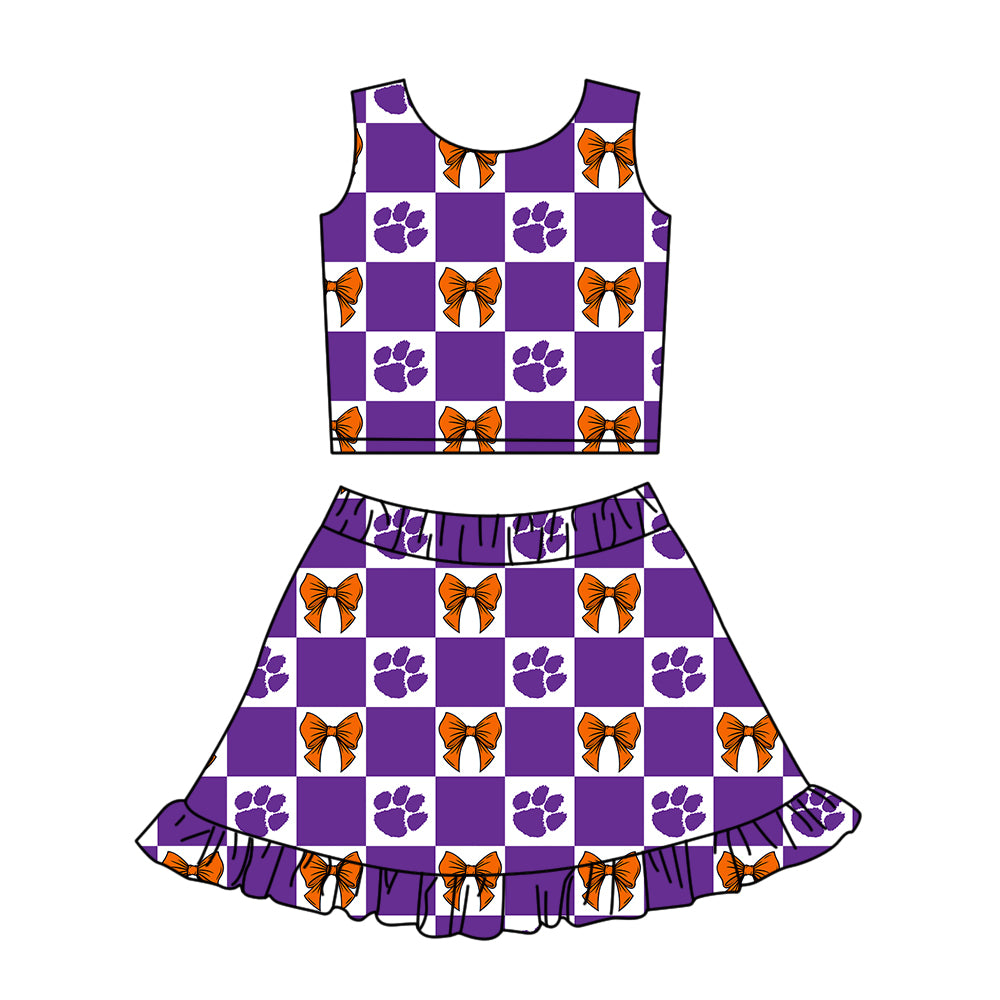 ( Moq 5 ) Baby Girls Kids Toddler Bows Purple Checked Tops Shorts Ruffle Skirt Team Set