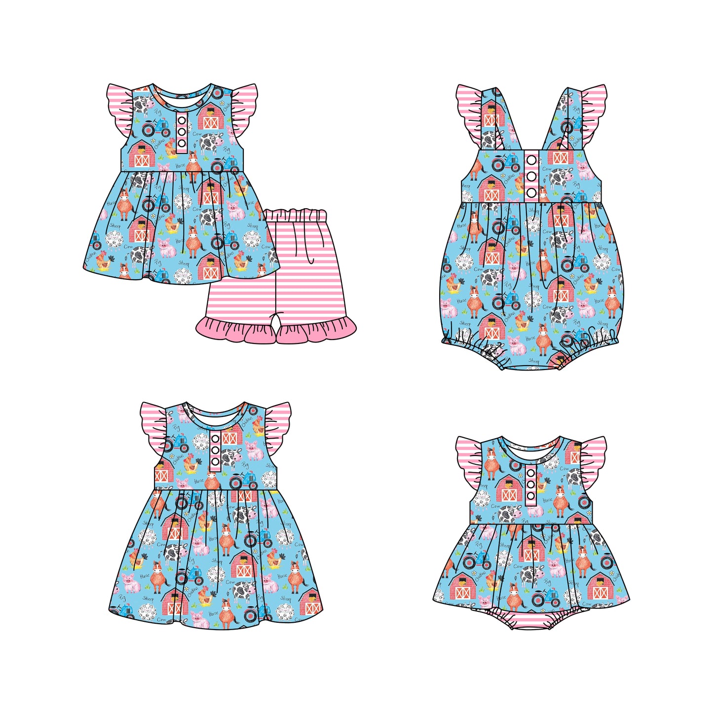 Baby Girl Farm Animals Sibling Romper Dress Clothes Set ( Moq 5 Each Design )