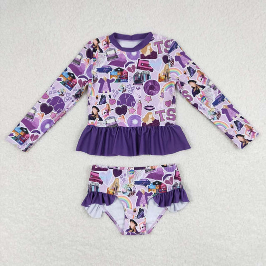 Baby Girl Bathing Suit Long Sleeves Singer Purple Tops Shorts Set Swimsuit